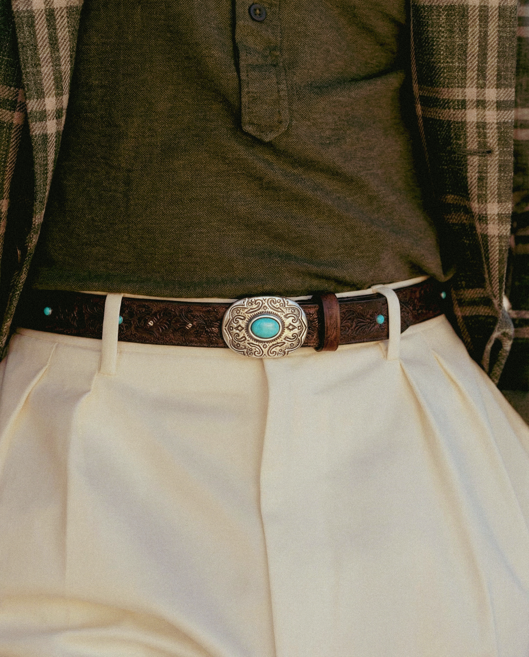 Brigati Butteri Belt handmade Italian dark brown leather belt turquoise buckle embossed